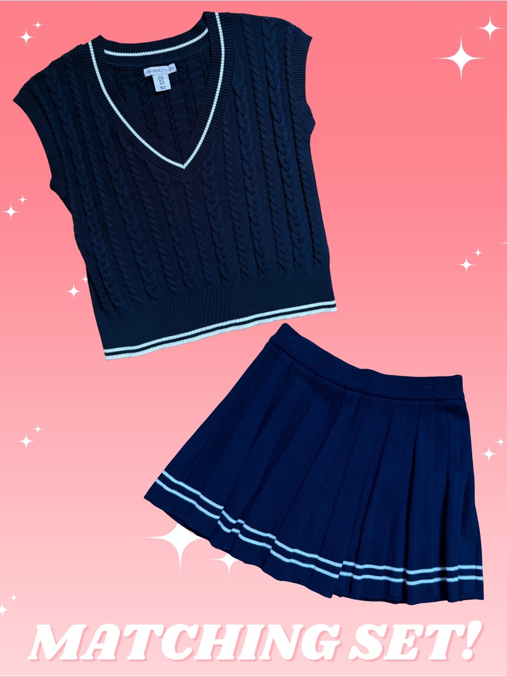 Preppy Academia Cable Knit Cropped V-Neck Sweater Vest Matching Knit Mini Skort